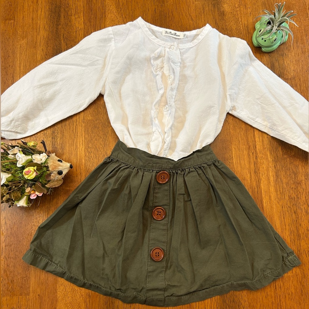 Olive Green Button Skirt & White Ruffle Top Outfit | Girls Size 80(12-18 Months)